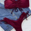 Maillot de bain femme 2 pièces, uni, froncé, proximité, string, Bikini