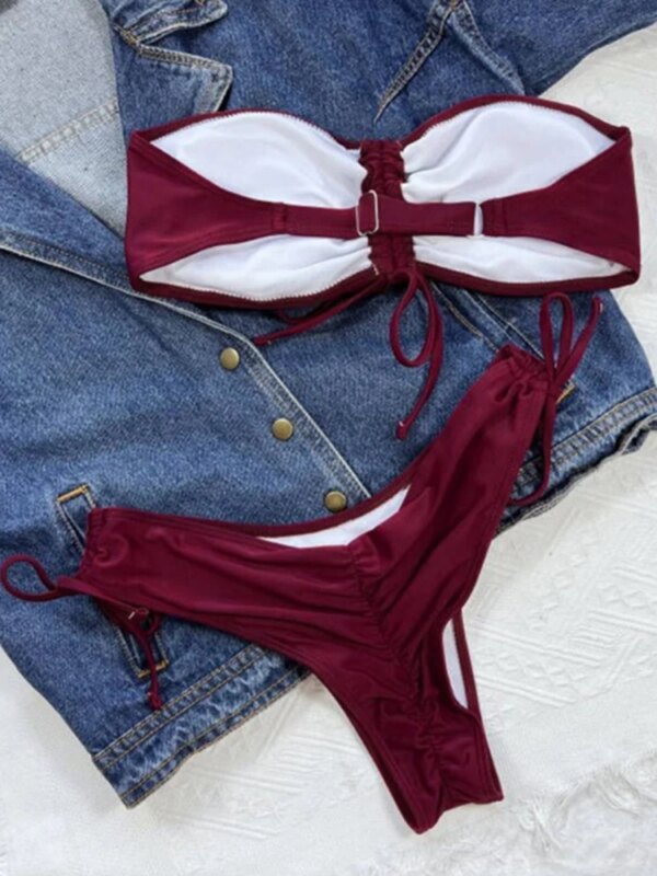 Maillot de bain femme 2 pièces, uni, froncé, proximité, string, Bikini