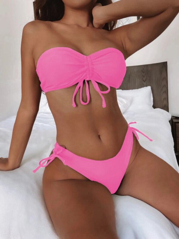 Maillot de bain femme 2 pièces, uni, froncé, proximité, string, Bikini