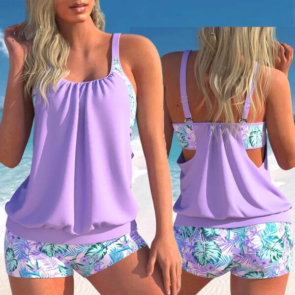Maillot de bain femme 2 pièces bleu fleuri pour femmes, tankini, taille haute