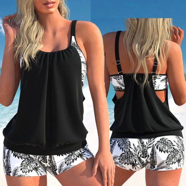 Maillot de bain femme 2 pièces bleu fleuri pour femmes, tankini, taille haute