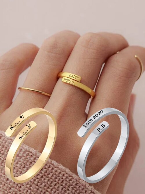 Bague de Promesse en Acier Inoxydable avec Gravure Personnalisée pour Femme, Petit Anneau Ouvert avec Initiales à Deux Noms