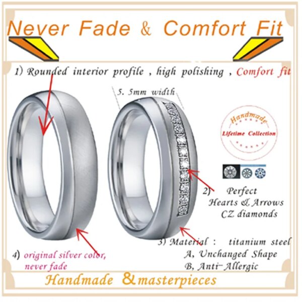 bague de promesse de Couple imperméables de haute qualité, pour hommes et femmes, ne se décolore jamais