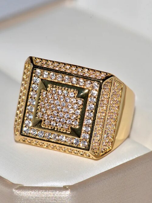 bague de fiançailles homme Grandes matiques rectangulaires en or Bling Hip Hop pour hommes