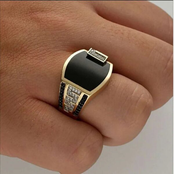bague de fiançailles homme en métal incrusté de pierre noire pour hommes