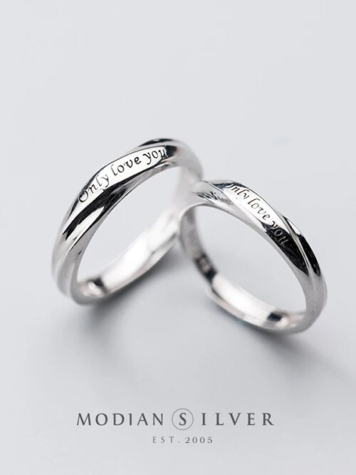 bague de promesse lettres sculptées pour hommes et femmes, argent regardé 925, une paire réglable
