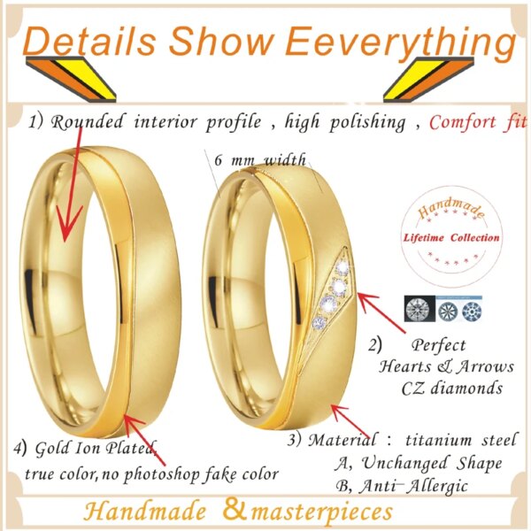 bague de promesse plaquée or 24 carats pour femme, alliance des amoureux, bijoux de mode pour femme