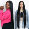 Perruque Synthétique Longue Raide Ombrée Rose pour Femme Noire