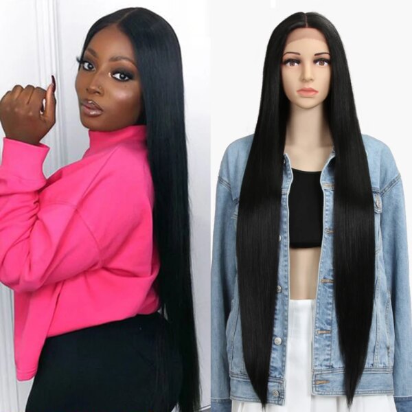 Perruque Synthétique Longue Raide Ombrée Rose pour Femme Noire