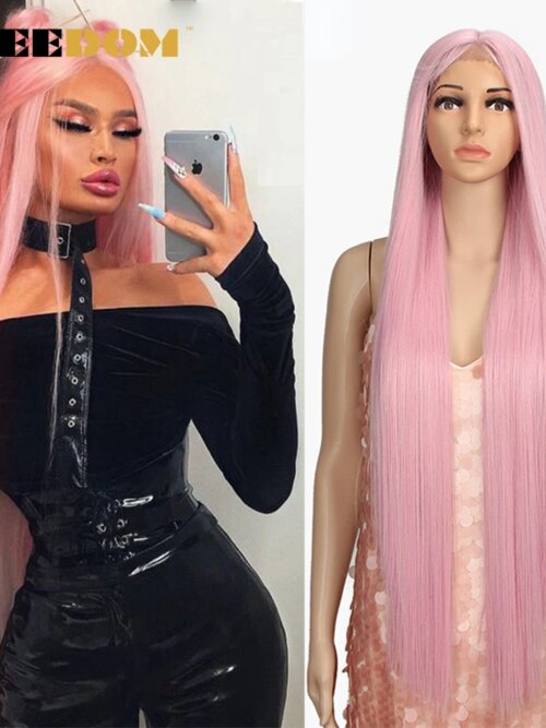 Perruque Synthétique Longue Raide Ombrée Rose pour Femme Noire