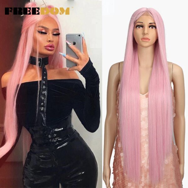 Perruque Synthétique Longue Raide Ombrée Rose pour Femme Noire