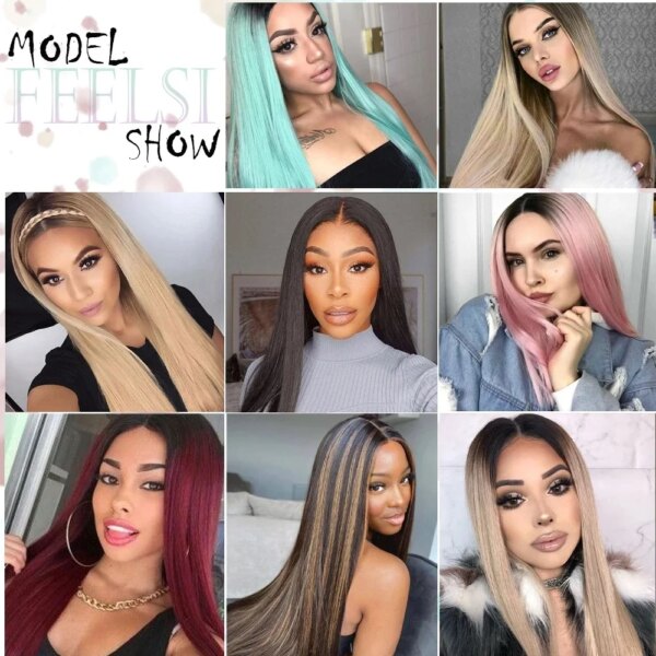 Perruque synthetique mi-longue lisse Blonde brune pour femmes