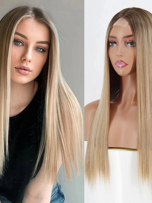 Perruque synthetique mi-longue lisse Blonde brune pour femmes