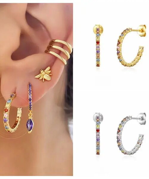 69274-136868.jpg boucle d oreille grimpante en Argent 925 en Forme de C, Piercing, Couleur Arc-en-Ciel