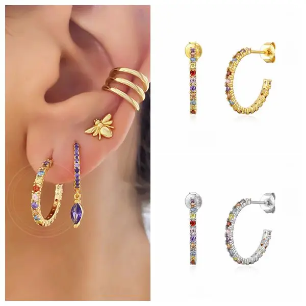 69274-136868.jpg boucle d oreille grimpante en Argent 925 en Forme de C, Piercing, Couleur Arc-en-Ciel