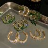 boucles d oreilles mariée créoles CZ incrustées pour femmes, boucles d'oreilles rondes en cristal vert