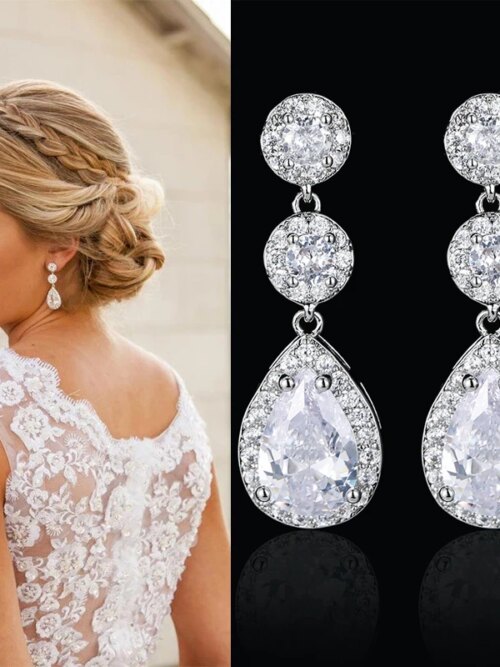 boucles d oreilles mariée longues de mariage en Zircon avec goutte d'eau ronde