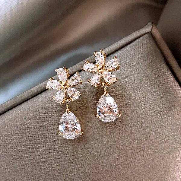 boucles d oreilles mariée feuilles en cristal, fleurs, Zircon, Rose, papillon