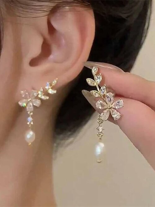 boucles d oreilles mariée feuilles en cristal, fleurs, Zircon, Rose, papillon