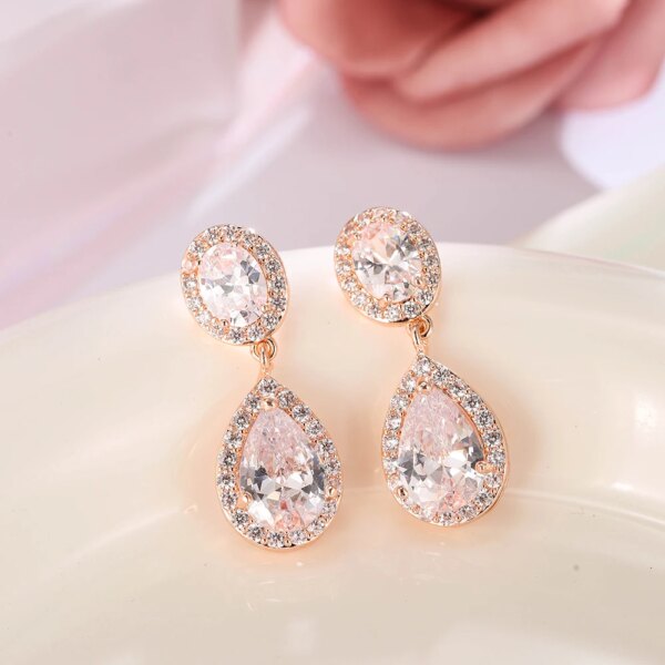 boucles d oreilles mariée longues de mariage en Zircon avec goutte d'eau ronde