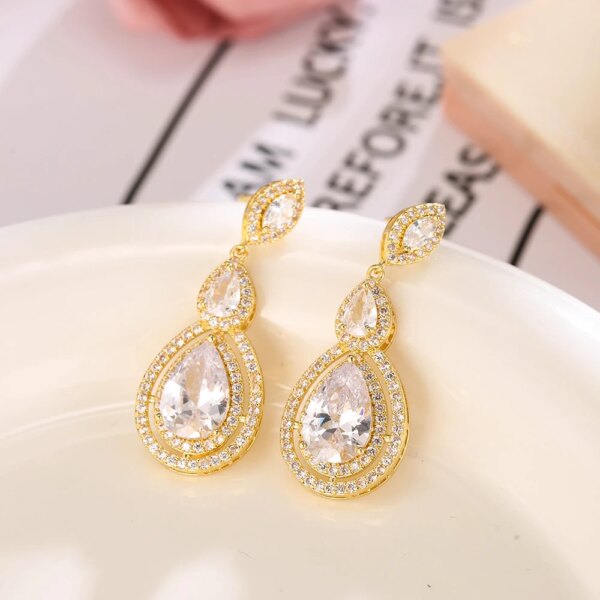 boucles d oreilles mariée longues de mariage en Zircon avec goutte d'eau ronde