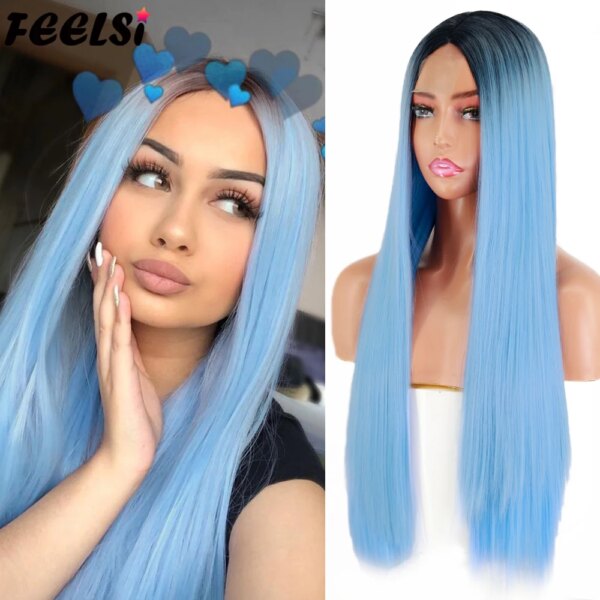 Perruque synthetique mi-longue lisse Blonde brune pour femmes