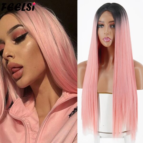 Perruque synthetique mi-longue lisse Blonde brune pour femmes