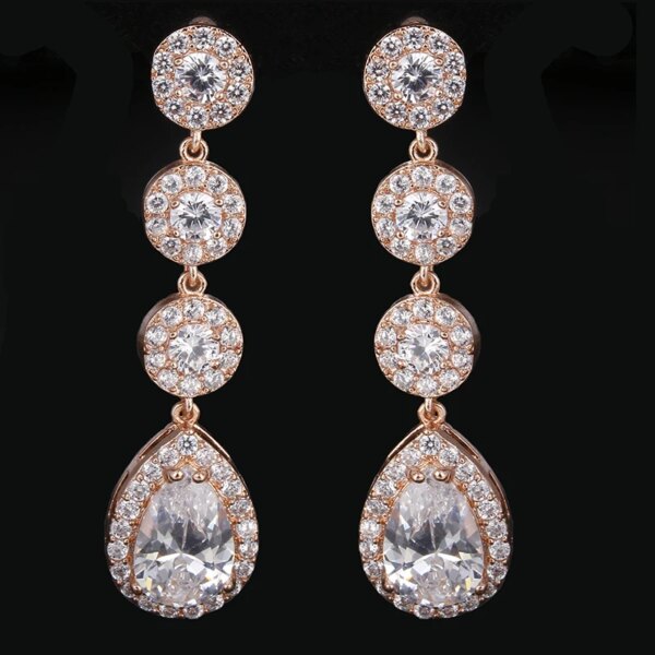 boucles d oreilles mariée longues de mariage en Zircon avec goutte d'eau ronde
