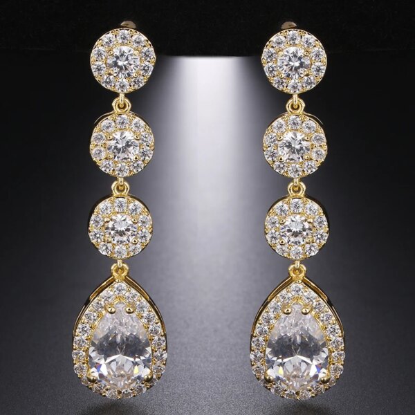 boucles d oreilles mariée longues de mariage en Zircon avec goutte d'eau ronde