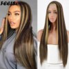 Perruque synthetique mi-longue lisse Blonde brune pour femmes