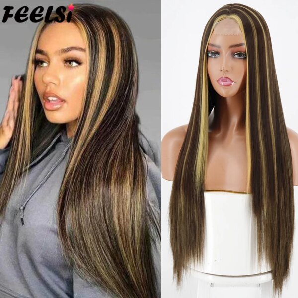 Perruque synthetique mi-longue lisse Blonde brune pour femmes