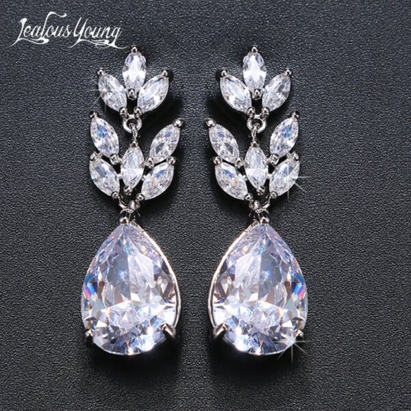 boucles d oreilles mariée longues de mariage en Zircon avec goutte d'eau ronde