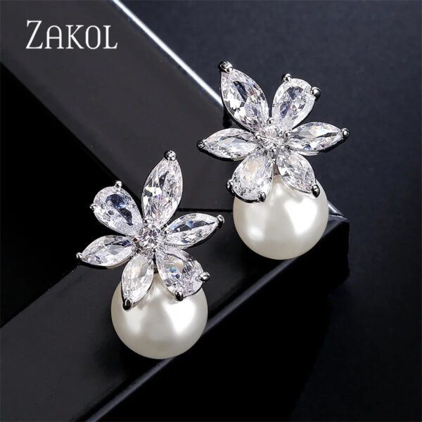 boucles d oreilles mariée en Zircon pour femme, Imitation perle, fleur, brillant