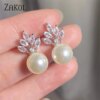 boucles d oreilles mariée en Zircon pour femme, Imitation perle, fleur, brillant