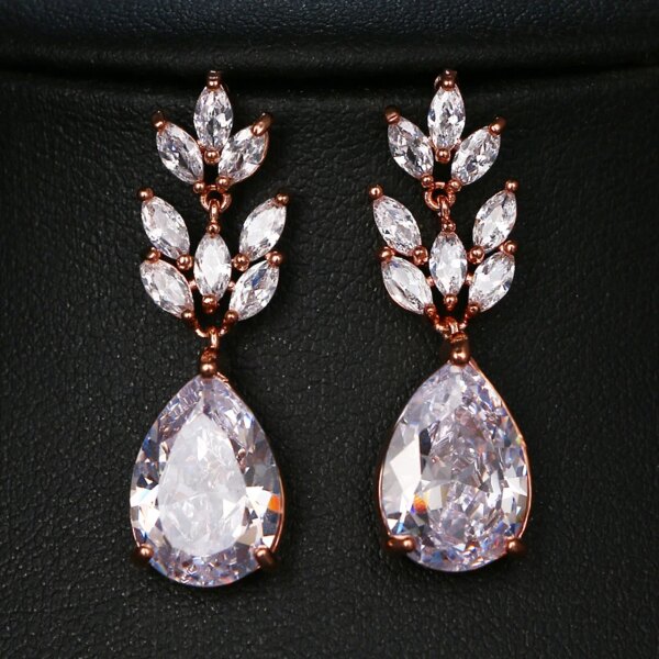 boucles d oreilles mariée longues de mariage en Zircon avec goutte d'eau ronde