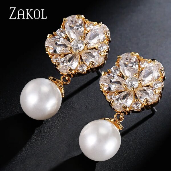 boucles d oreilles mariée en Zircon pour femme, Imitation perle, fleur, brillant