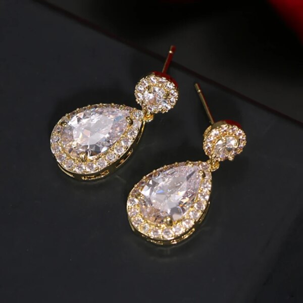 boucles d oreilles mariée longues de mariage en Zircon avec goutte d'eau ronde
