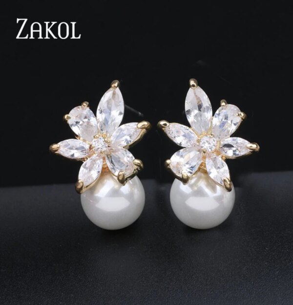 boucles d oreilles mariée en Zircon pour femme, Imitation perle, fleur, brillant