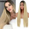 Perruque synthetique mi-longue lisse Blonde brune pour femmes