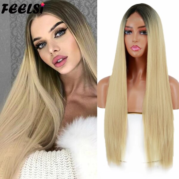 Perruque synthetique mi-longue lisse Blonde brune pour femmes