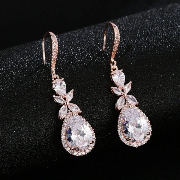 boucles d oreilles mariée longues de mariage en Zircon avec goutte d'eau ronde