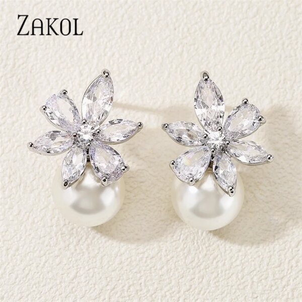 boucles d oreilles mariée en Zircon pour femme, Imitation perle, fleur, brillant