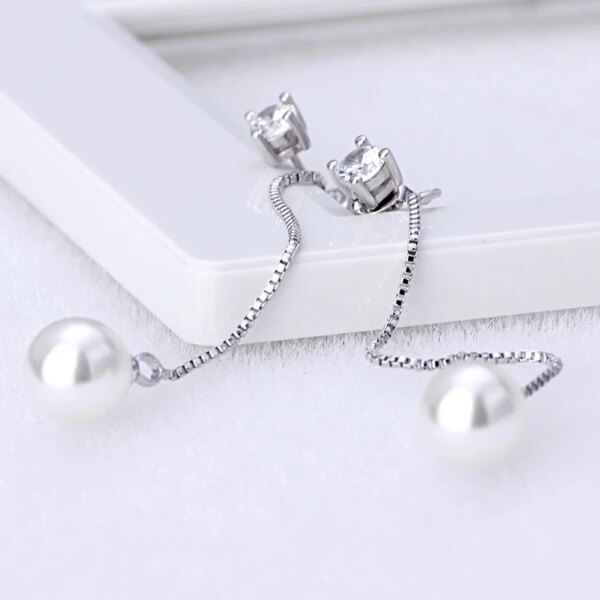 boucles d oreilles mariée longues en zircon cubique, imitation perle de couleur argent