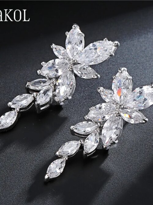 boucles d oreilles mariée pendantes pour femmes, en or blanc, en cristal