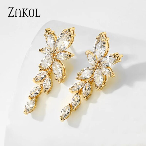 boucles d oreilles mariée pendantes pour femmes, en or blanc, en cristal