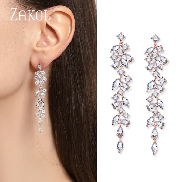 boucles d oreilles mariée longues en zircone cubique pour femmes élégantes