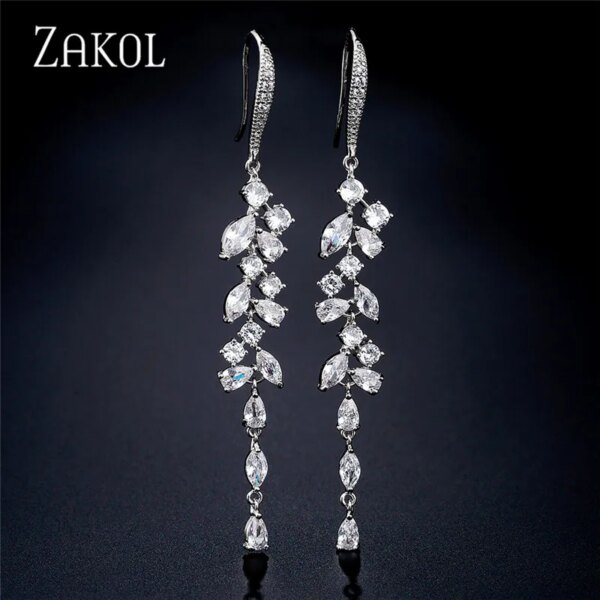 boucles d oreilles mariée longues en zircone cubique pour femmes élégantes