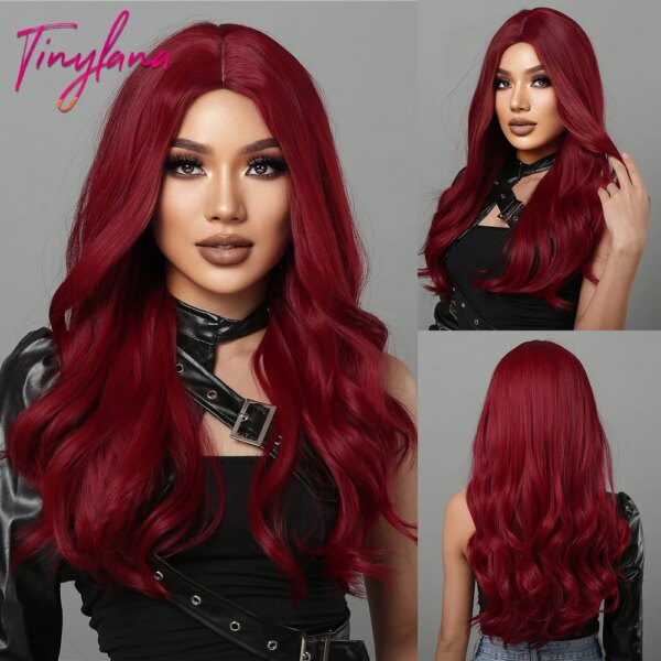 Perruque synthétique longues ondulées bordeaux rouge foncé avec frange