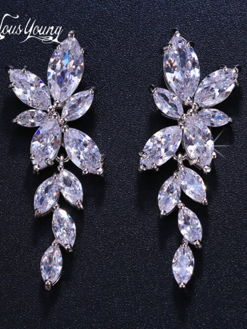 boucles d oreilles mariée en forme de feuille pour femmes, en Zircon