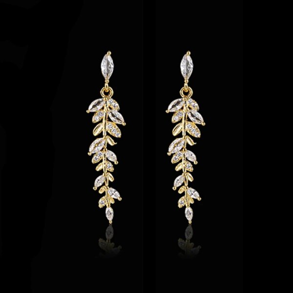 boucles d oreilles mariée en forme de feuille pour femmes, en Zircon